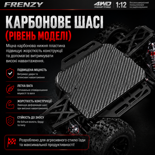 Радіокерована машинка HOSHI N517A FRENZY 1:12 4WD Brushless на пульті керування до 70 км/год, RC позашляховик, Hobbywing, RTR - зображення 6