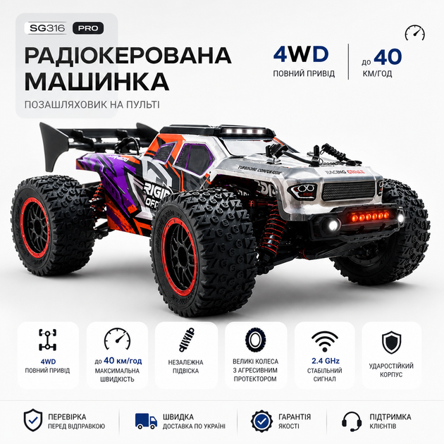 Машинка на пульті ZLL SG316 PRO Радіокерована машинка 4WD, 1:16, швидка RC машинка позашляховик до 40 км/год, 2 АКБ для бездоріжжя - изображение 2