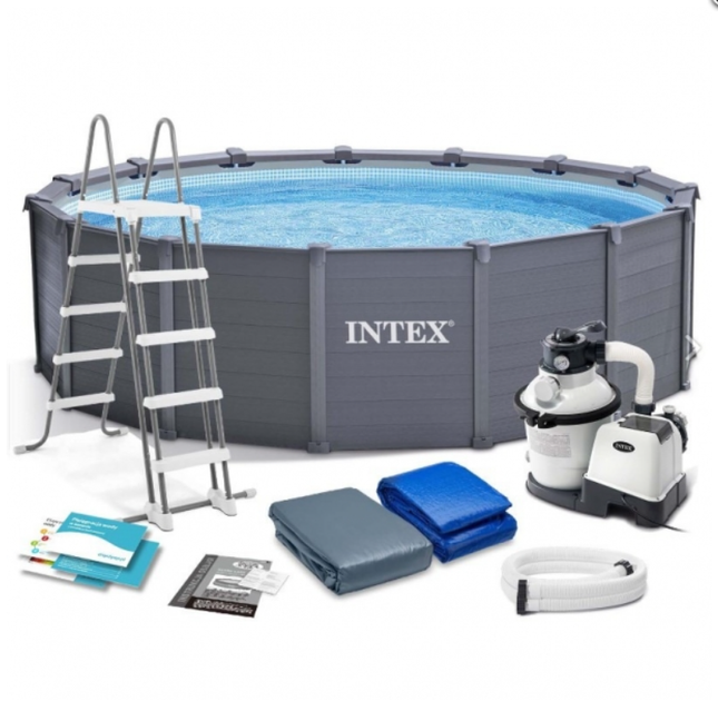 Большой круглый каркасный бассейн для двора Intex семейный для отдыха на природе 478×124см с фильтром, лестницей, тентом и подстилкой 16805л - изображение 2
