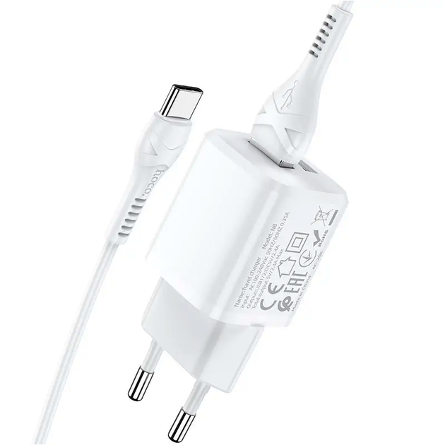 Сетевое зарядное устройство HOCO N8 2USB 2.4A с кабелем USB C 1м для смартфонов и гаджетов быстрая зарядка белое - Фото 1 Сетевое зарядное устройство HOCO N8 2USB 2.4A с кабелем USB C 1м для смартфонов и гаджетов быстрая зарядка белое - изображение 1