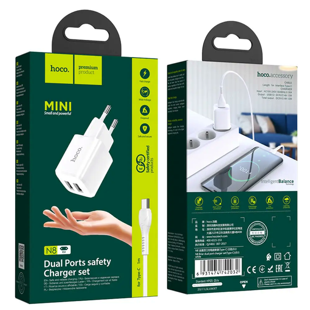 Сетевое зарядное устройство HOCO N8 2USB 2.4A с кабелем USB C 1м для смартфонов и гаджетов быстрая зарядка белое - Фото 7 Сетевое зарядное устройство HOCO N8 2USB 2.4A с кабелем USB C 1м для смартфонов и гаджетов быстрая зарядка белое - изображение 7