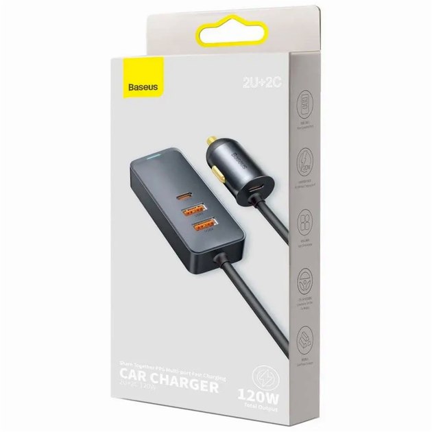 Зарядний пристрій для автомобіля 120W швидкий зарядний для смартфонів і планшетів 4 порти USB Type-C сірий - Фото 5 Зарядний пристрій для автомобіля 120W швидкий зарядний для смартфонів і планшетів 4 порти USB Type-C сірий - зображення 5