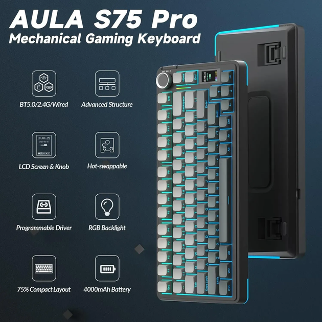 Бездротова механічна клавіатура AULA S75 Pro Black Gradient, Star Vector Switch, розмір 75% RGB підсвічування (2.4G/Bluetooth/USB) - зображення 7