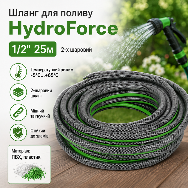 Шланг садовый HydroForce R41850-25 двухслойный 25 м 1/2" Черно-серый с зеленым - изображение 3
