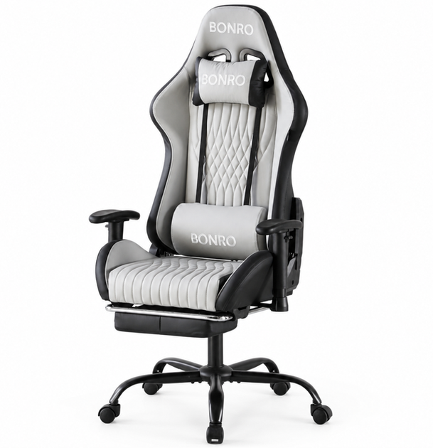 Кресло геймерское игровое Bonro 1002G-1 серое с подставкой для ног (42401212) - Фото 1 Кресло геймерское игровое Bonro 1002G-1 серое с подставкой для ног (42401212) - изображение 1