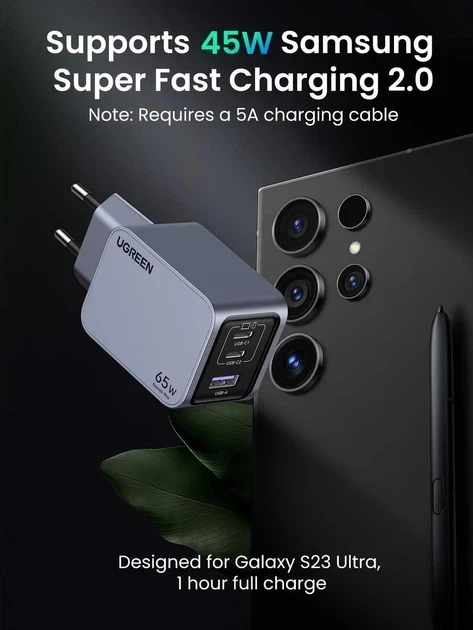 Зарядний пристрій UGREEN Nexode Pro 65W x755, GaN, Mini, Fast Charger, PD 3.0, QC 4.0+, 3-Port, USB-C, USB-A, мережевий, Gray - зображення 7