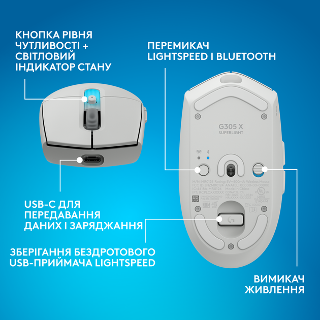 Миша Logitech G305 X Superlight RGB Wireless/Bluetooth/USB White (910-007747) - Фото 10 Миша Logitech G305 X Superlight RGB Wireless/Bluetooth/USB White (910-007747) - зображення 10