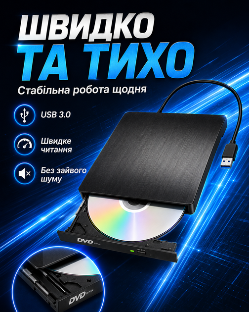 Привід CD DVD зовнішній USB Type-C USB-A хаб з кардрідером microSD SD для ноутбука ПК комп'ютера читання запис дисків портативний дисковод для фільмів музики програм для дому роботи пристрій для дисків оптичний (101220) - зображення 4