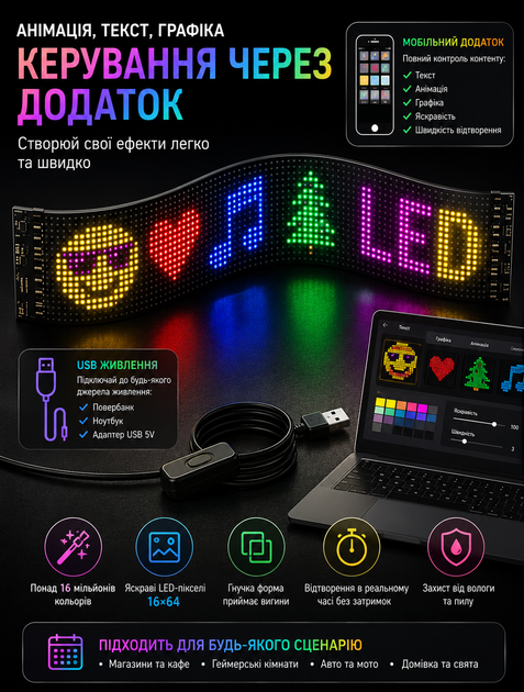 Гибкая светодиодная панель RGB с анимацией 120×595 мм с управлением через Wi-Fi и пультом для оформления интерьера с влагозащитой IP65 и USB питанием 5V - изображение 3