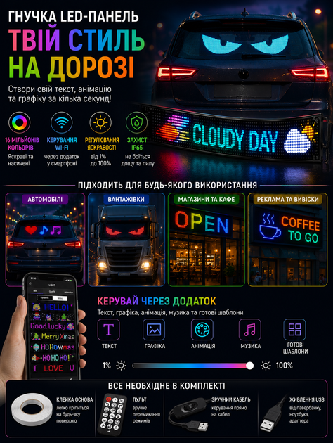 Гибкая RGB LED-панель глаза дьявола для салона авто с управлением через приложение по Bluetooth 90×19 см USB 5 В комплект с пультом и кабелем - изображение 4
