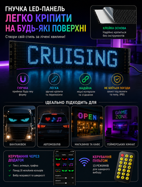 Гибкая LED панель гибкий экран для авто с WiFi и управлением через приложение RGB 1330x192 мм в комплекте пульт и крепление - Фото 9 Гибкая LED панель гибкий экран для авто с WiFi и управлением через приложение RGB 1330x192 мм в комплекте пульт и крепление - изображение 9