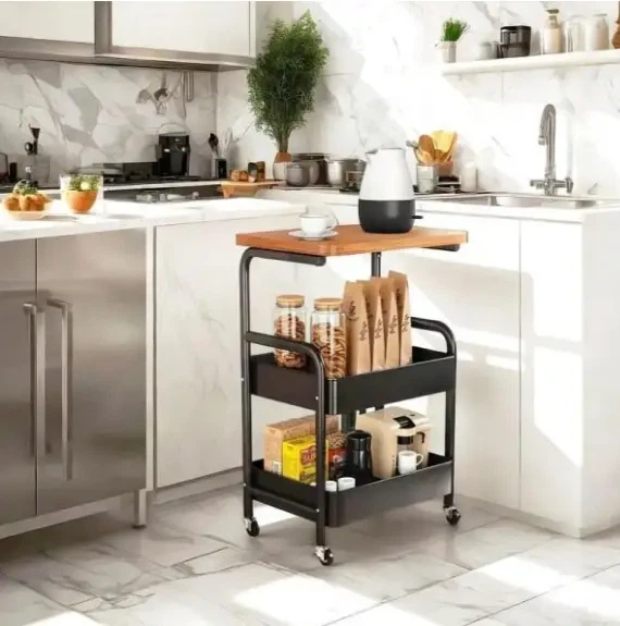 Етажерка на колесах 3 яруси 43×30×77 см чорна M50287-BL, металева тележка-органайзер з полицями та стільницею під дерево - изображение 6