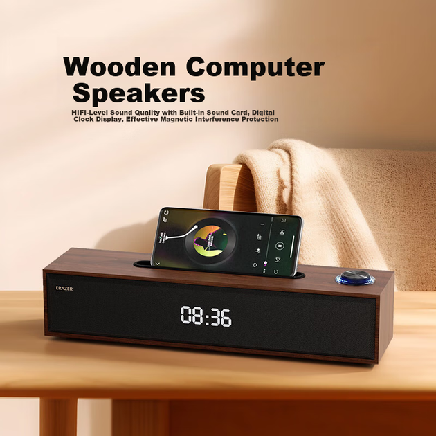 Беспроводная Bluetooth-колонка Lenovo Ecosystem Brand Yinen с двойным режимом работы и встроенной звуковой картой, модель W21, в виде деревянных часов, для настольного компьютера, ноутбука и домашнего использования. - Фото 4 Беспроводная Bluetooth-колонка Lenovo Ecosystem Brand Yinen с двойным режимом работы и встроенной звуковой картой, модель W21, в виде деревянных часов, для настольного компьютера, ноутбука и домашнего использования. - изображение 4