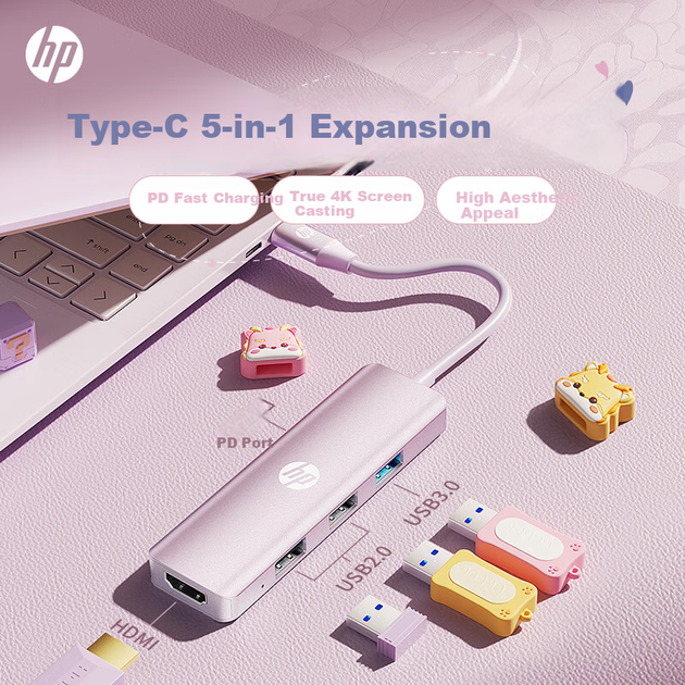 Док-станція HP Type-C до HDMI, 4K-монітор, швидка зарядка, USB-хаб 100 Вт, адаптер Apple для комп'ютера Type-C CT205C, рожевий - изображение 4