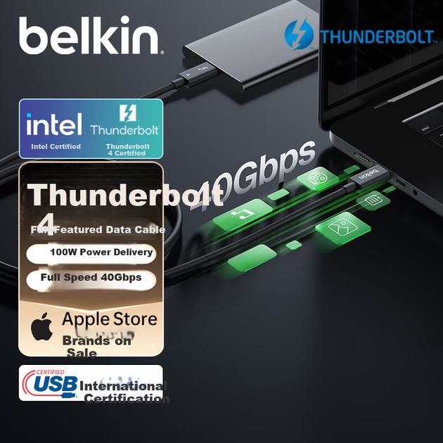 BELKIN Thunderbolt 4 Расширительный USB-кабель для зеркального отображения экрана, полнофункциональный, 1 метр, для ноутбука, 8K@60Hz, Type-C, быстрая зарядка 100 Вт, 40 Гбит/с - Фото 4 BELKIN Thunderbolt 4 Расширительный USB-кабель для зеркального отображения экрана, полнофункциональный, 1 метр, для ноутбука, 8K@60Hz, Type-C, быстрая зарядка 100 Вт, 40 Гбит/с - изображение 4