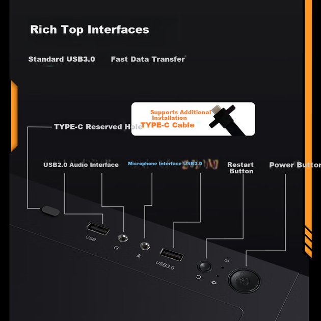 Настільний комп'ютер SAMA Black Hole 7 Max Black, тихий корпус для офісу, тристороннє звукопоглинання/шумопоглинання, материнська плата E-ATX, два 360-міліметрові роз'єми для водяного охолодження, підтримка відеокарт серії 50 - изображение 8
