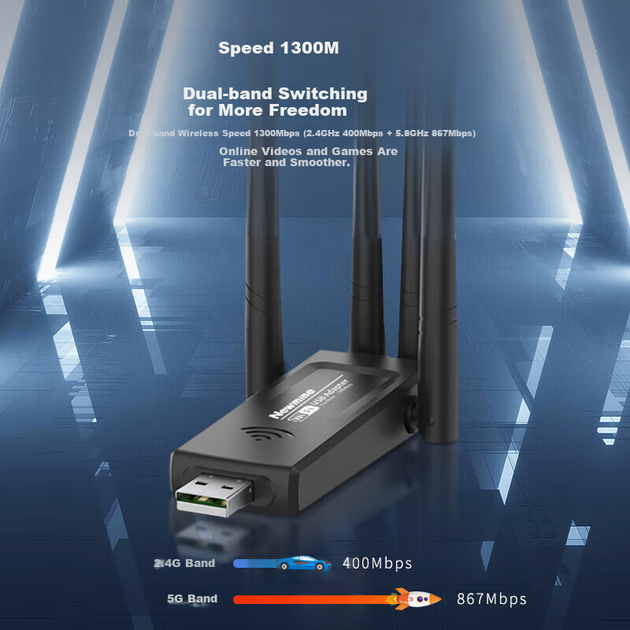 Беспроводная сетевая карта Newmine NM-WDS-AC1388, приемник Wi-Fi 1300 Мбит/с, гигабитная внешняя сетевая карта 5G, двухдиапазонный USB-адаптер для ноутбуков и настольных компьютеров. - Фото 5 Беспроводная сетевая карта Newmine NM-WDS-AC1388, приемник Wi-Fi 1300 Мбит/с, гигабитная внешняя сетевая карта 5G, двухдиапазонный USB-адаптер для ноутбуков и настольных компьютеров. - изображение 5