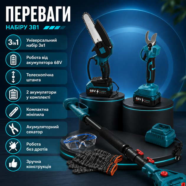 Аккумуляторный набор 3 в 1 (секатор + телескопическая ручка + мини-пила 68 В) - Фото 3 Аккумуляторный набор 3 в 1 (секатор + телескопическая ручка + мини-пила 68 В) - изображение 3