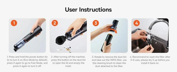 Портативний акумуляторний пилосос Baseus A5 Car Vacuum Cleaner 130W 16000Pa 7500mAh чорний (C30459500111-00) - изображение 8