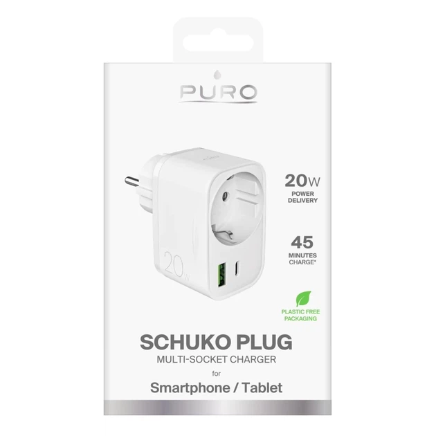 Зарядний пристрій Puro 20W Power Delivery з вилкою і розеткою Schuko 1x USB-C + 1x USB-A White (8018417500275) - зображення 2