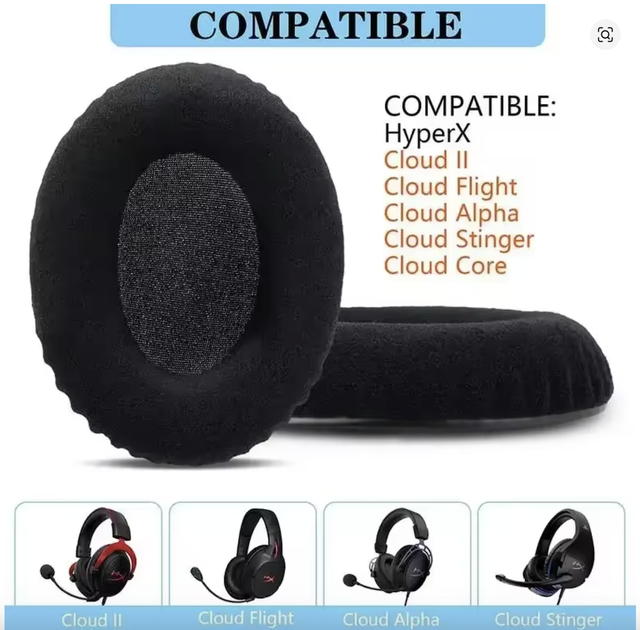 Комплект для наушников HyperX Alpha, Alpha S, Cloud 2, Drone, Core, Flight, Pro, CloudX: велюровые амбушюры, накладка на оголовье и поролон для микрофона (черный) - Фото 3 Комплект для наушников HyperX Alpha, Alpha S, Cloud 2, Drone, Core, Flight, Pro, CloudX: велюровые амбушюры, накладка на оголовье и поролон для микрофона (черный) - изображение 3