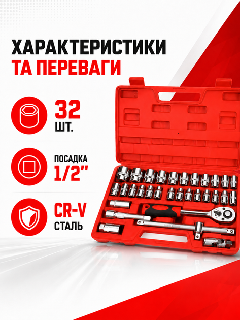 Набор инструментов 32 в 1 в кейсе красный автомобильный набор торцевых головок с трещоткой (49676047) - изображение 3
