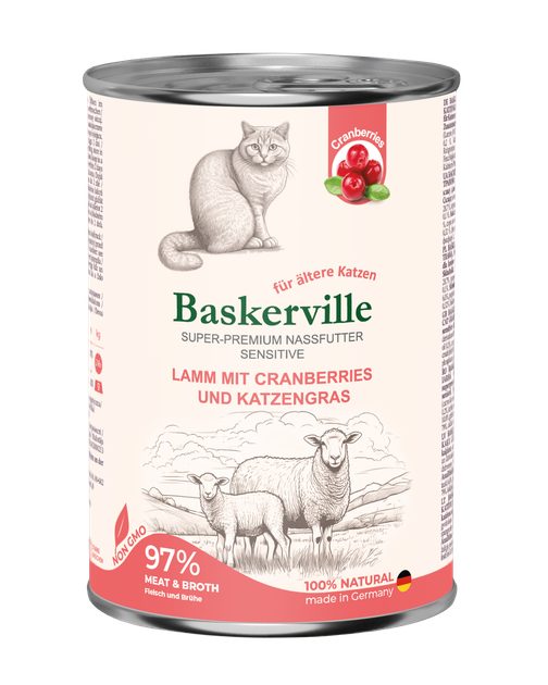 Консервований корм Baskerville Sensitive Lamm Mit Preiselbeeren Ягня з журавлиною та котячою м'ятою вологий корм для котів 400 г (4250231541841) - Фото 1 Консервований корм Baskerville Sensitive Lamm Mit Preiselbeeren Ягня з журавлиною та котячою м'ятою вологий корм для котів 400 г (4250231541841) - зображення 1