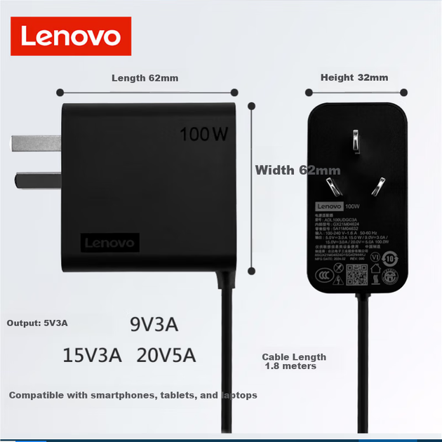 Зарядний пристрій Lenovo ThinkPad портативний, 100 Вт, 20В 5А, PD - Фото 5 Зарядний пристрій Lenovo ThinkPad портативний, 100 Вт, 20В 5А, PD - зображення 5