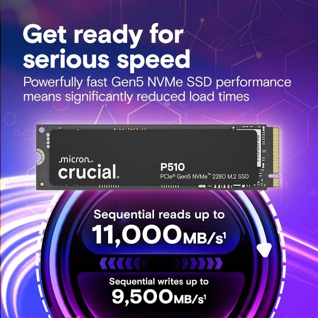 SSD накопичувач Crucial P510 2 TB (CT2000P510SSD8), PCIe Gen5 NVMe, (up to 10000/8700 MB/s) - Фото 3 SSD накопичувач Crucial P510 2 TB (CT2000P510SSD8), PCIe Gen5 NVMe, (up to 10000/8700 MB/s) - изображение 3