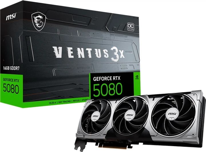 Відеокарта MSI PCI-Ex GeForce RTX 5080 VENTUS 3X OC 16GB GDDR7 (256bit) (2655/30000) (HDMI, 3 x DisplayPort) (RTX 5080 16G VENTUS 3X OC) - изображение 2
