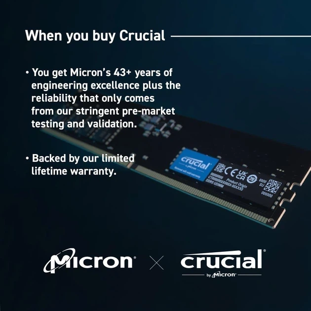 Модуль пам'яті Crucial DDR5 8GB 4800Mhz UDIMM CL40 Tray (CT8G48C40U5T) - Фото 3 Модуль пам'яті Crucial DDR5 8GB 4800Mhz UDIMM CL40 Tray (CT8G48C40U5T) - изображение 3
