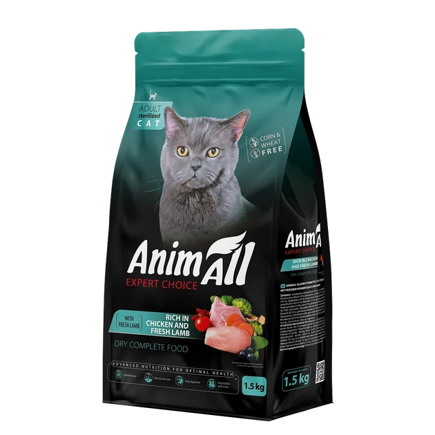 Полнорационный сухой корм AnimAll - для стерилизованных кошек, с курицей и свежей ягнятиной, 1.5 кг (5902706511703) - Фото 1 Полнорационный сухой корм AnimAll - для стерилизованных кошек, с курицей и свежей ягнятиной, 1.5 кг (5902706511703) - изображение 1