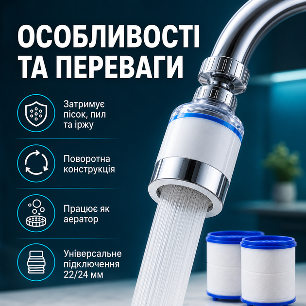 Фильтр-насадка на кран для очистки воды с 2 картриджами, проточный поворотный фильтр-аэратор для кухни, ванной и дачи - изображение 2