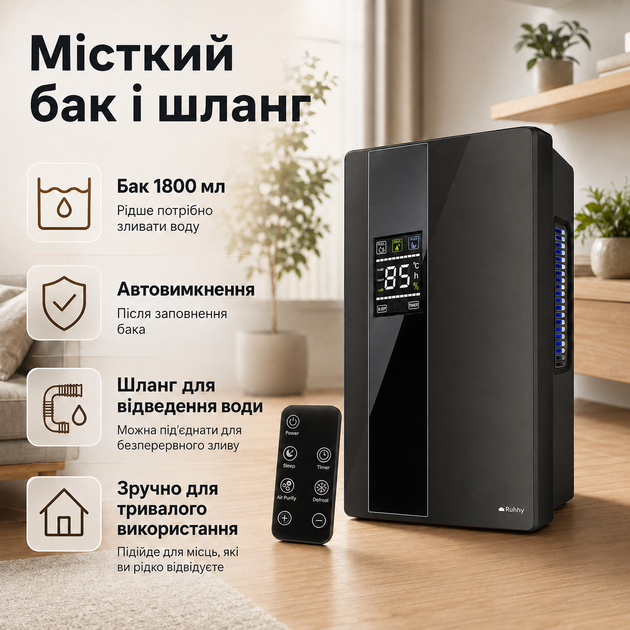 Осушитель воздуха Ruhhy 26626 90 Вт с баком 1800 мл дисплеем и пультом компактный черный - изображение 2