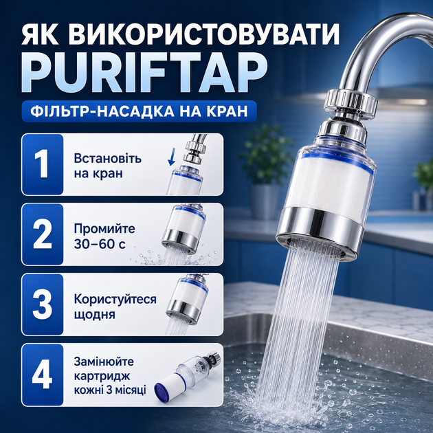 Проточный фильтр-насадка на кран PurifTap с 3 картриджами, поворотный фильтр-аэратор 360° для очистки воды на кухню, ванную и дачу - изображение 5