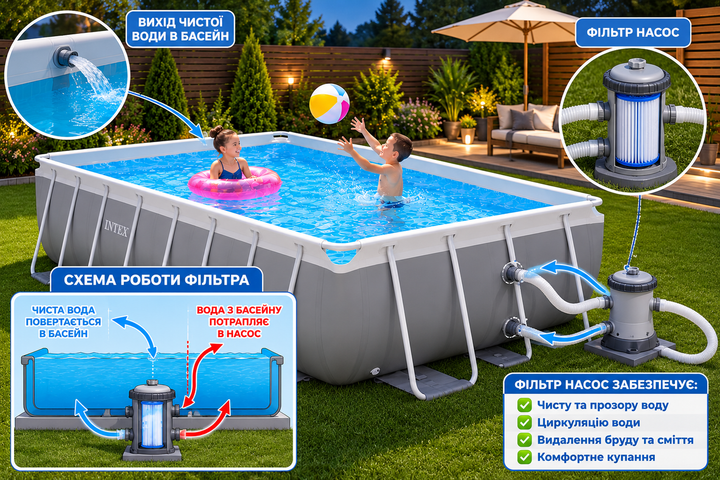 Каркасный бассейн Intex Prism Frame Pool 400×200×122 см, семейный бассейн на 8418 л,Семейный каркасный бассейн с фильтр-насосом - изображение 9