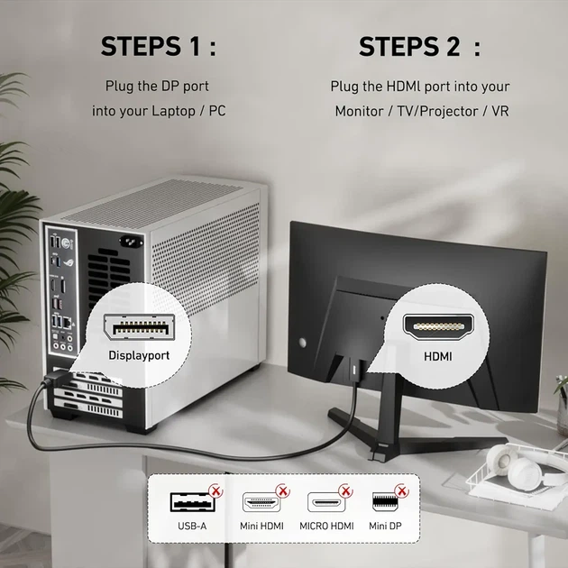 Кабель BENFEI DisplayPort (DP) – HDMI 1.8 м, 4K Ultra HD, позолоченные разъемы, черный - Фото 2 Кабель BENFEI DisplayPort (DP) – HDMI 1.8 м, 4K Ultra HD, позолоченные разъемы, черный - изображение 2