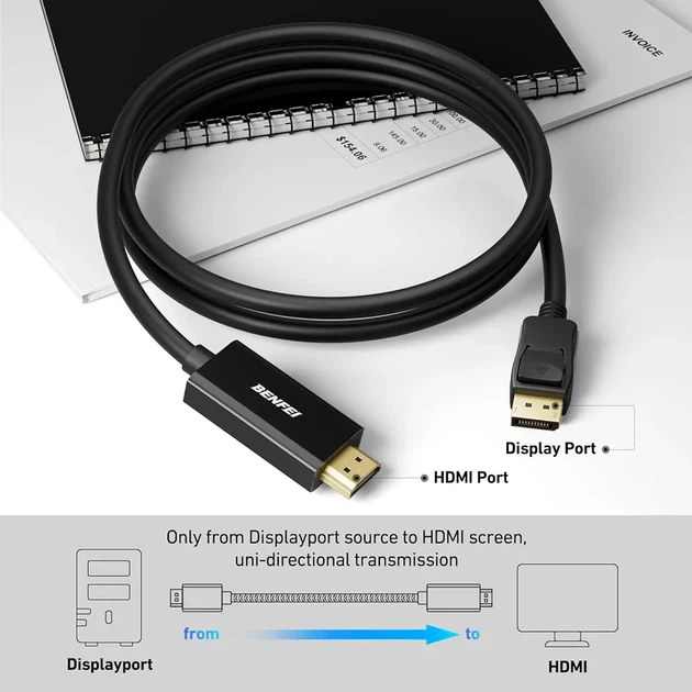 Кабель BENFEI DisplayPort (DP) – HDMI 1.8 м, 4K Ultra HD, позолоченные разъемы, черный - Фото 4 Кабель BENFEI DisplayPort (DP) – HDMI 1.8 м, 4K Ultra HD, позолоченные разъемы, черный - изображение 4