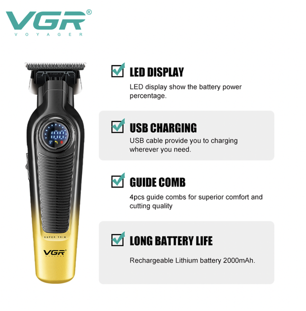 Машинка для стриження VGR V-996 акумуляторний Тример 2000 mAh YELLOW з дисплеєм - зображення 12