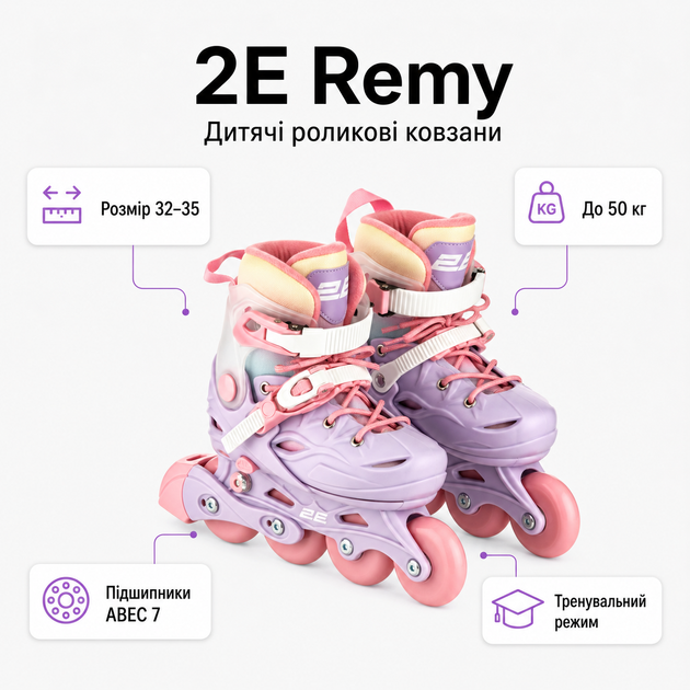 Роликовые коньки для детей 2E Remy размер 32-35 с LED подсветкой Фиолетовый (LSW-HP32-VIOLET) - изображение 2