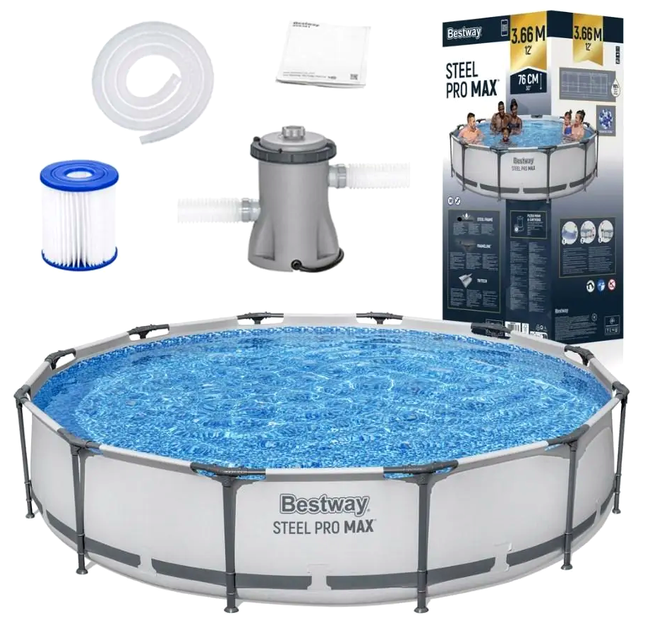 Каркасный бассейн 366×76 см с насосом и фильтром 6473 л для дачи серый Bestway CС-0572 - Фото 2 Каркасный бассейн 366×76 см с насосом и фильтром 6473 л для дачи серый Bestway CС-0572 - изображение 2