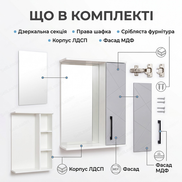 Зеркальный шкаф Велла 60х72х18см для ванной косметики правое открывание настенный зеркало с полкой серый - изображение 9