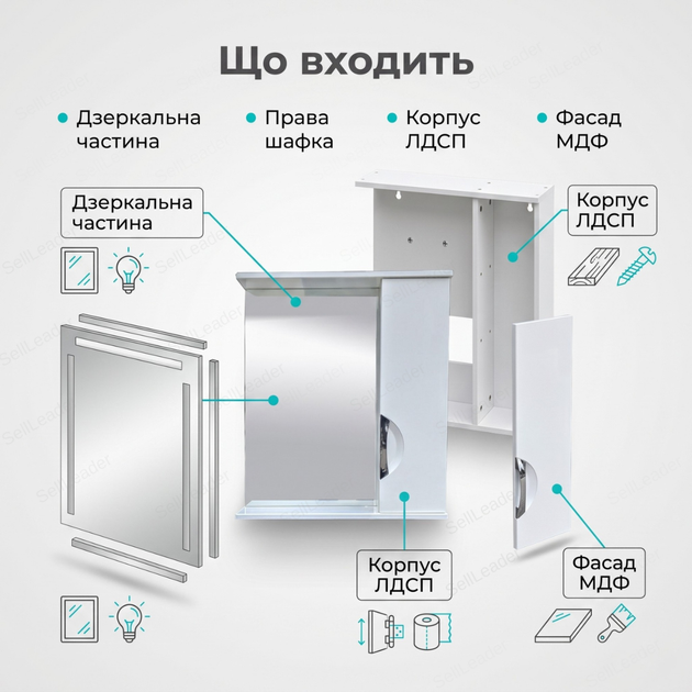 Дзеркальна шафка 60х72х18см для ванної косметики праве відкривання настінна дзеркало з полицею біла - Фото 9 Дзеркальна шафка 60х72х18см для ванної косметики праве відкривання настінна дзеркало з полицею біла - зображення 9