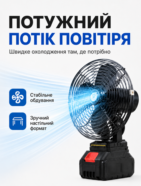 Вентилятор настольный аккумуляторный Megatop 8" 21V с двумя АКБ и функцией Powerbank - Фото 4 Вентилятор настольный аккумуляторный Megatop 8" 21V с двумя АКБ и функцией Powerbank - изображение 4
