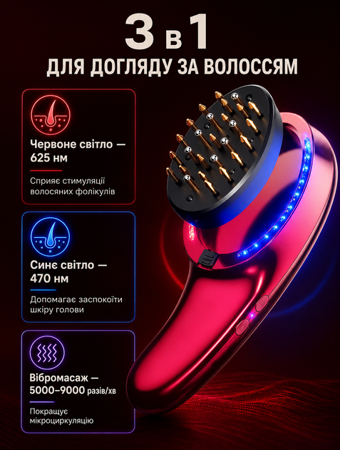 Массажер для кожи головы виброгребень с красным и синим светом и аппликатором для нанесения масел - изображение 2