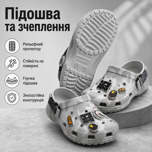 Крокси Crocs Bape сірі унісекс 38-39 на стопу 24 см гумові сабо з ремінцем, вентиляційними отворами та джибітсами - зображення 5