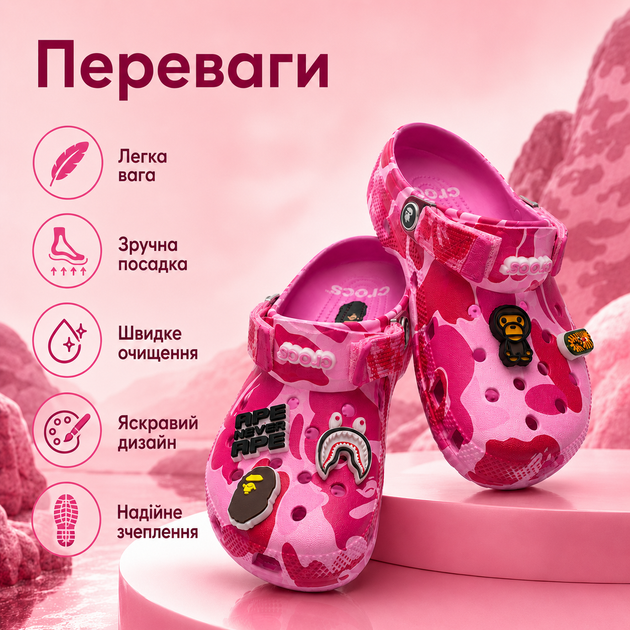 Крокси Crocs Bape рожеві унісекс 38-39 на стопу 24 см гумові сабо з ремінцем, вентиляційними отворами та джибітсами - зображення 2