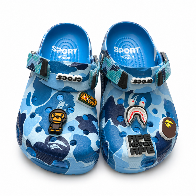 Крокси Crocs Bape сині унісекс 38-39 на стопу 24 см гумові сабо з ремінцем, вентиляційними отворами та джибітсами - зображення 6