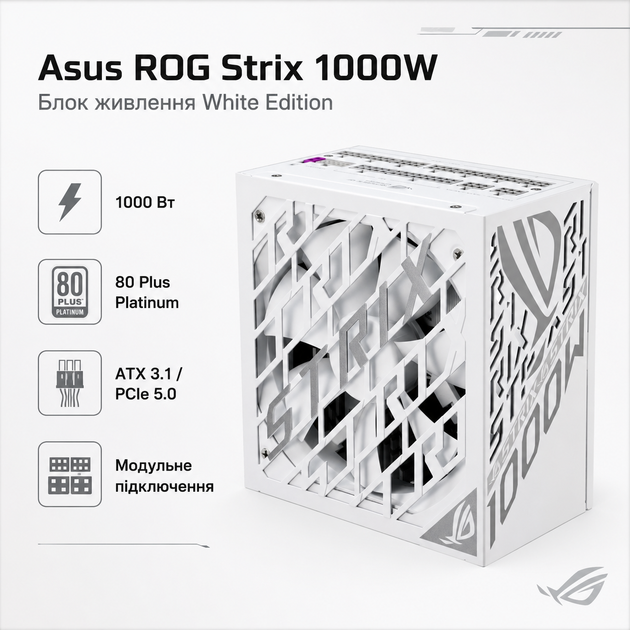 Блок живлення Asus ROG Strix 1000W 80 Plus Platinum White Edition ATX White (90YE00W4-B0NA00) - зображення 2