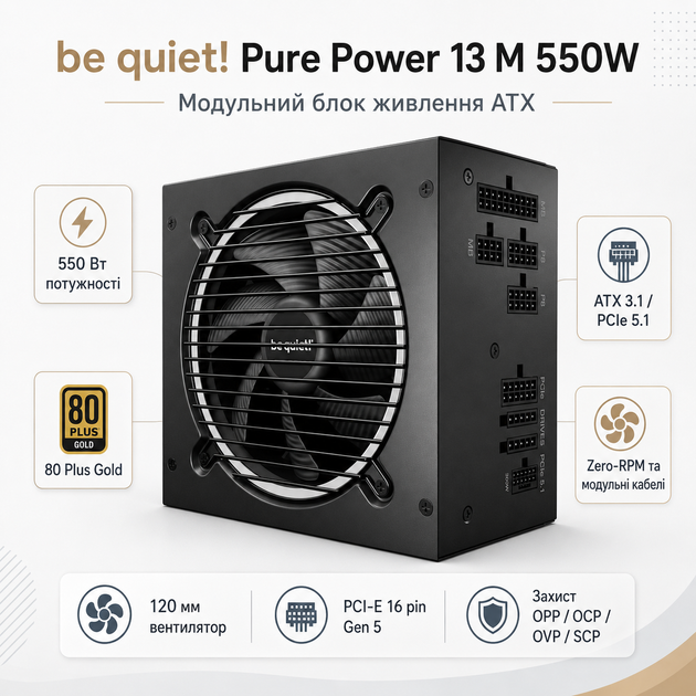 Блок питания be quiet! Pure Power 13 M 550W 80 Plus Gold вентилятор 120 мм Black (BP024EU) - изображение 2